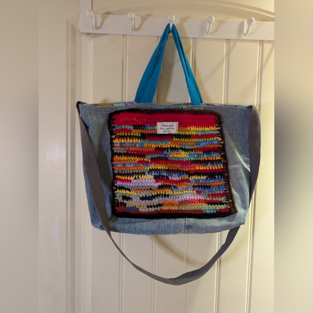 Unique Upcycled Denim Tote Bag – Handmade Crochet Patchwork Convertible Handbag